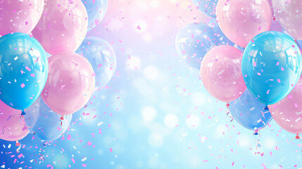 Pink and blue balloons and confetti background with copy space for festive gender reveal party or baby shower backdrop