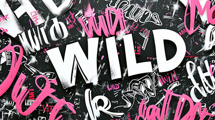 Wild concept image with illustration of WILD word text and various typography, black and white and pink like stickers and tag paint
