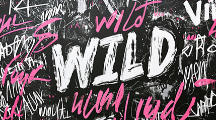 Wild concept image with illustration of WILD word text and various typography, black and white and pink like stickers and tag paint - obrazy, fototapety, plakaty