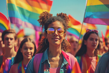 Portrait of young people rallying for LGBTQ+ rights at a Pride month parade with diversity and rainbow flags