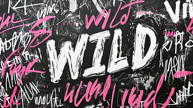 Wild concept image with illustration of WILD word text and various typography, black and white and pink like stickers and tag paint