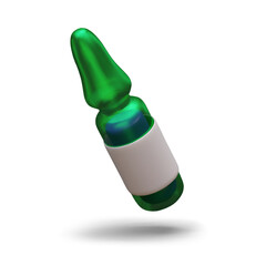 Realistic green glass ampoule with white label. Vector mockup of drugs for injections