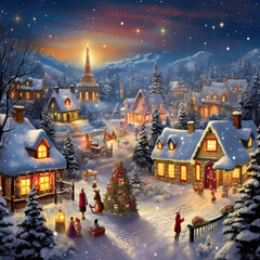 Peaceful winter village at night with snow, christmas lights, and cozy houses