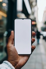 Mockup image of a hand holding mobile smart phone with blank white screen on blurred background