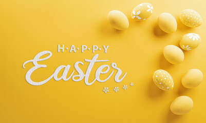 Happy easter! Colourful Easter eggs on yellow background. Decoration concept for greetings and...