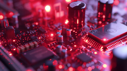 Fototapeta na wymiar A close up shot of a semiconductor production in red futuristic lights