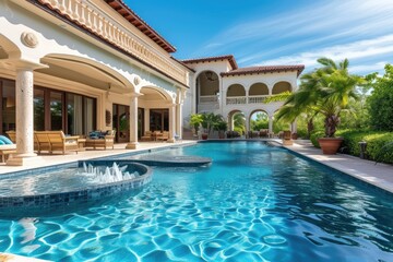 Fototapeta na wymiar Beautiful Home Exterior and Large Swimming Pool on Sunny Day with Blue Sky | Features Series of Water Jets Forming Arches