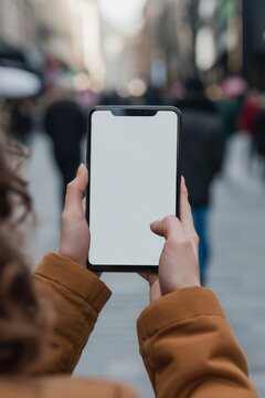 Mockup image of female hands holding modern smartphone with blank white screen on blurred background of street