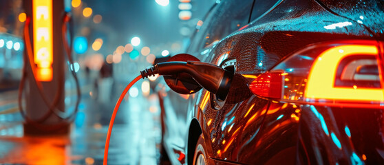 Electric car charging at the gas station in the city banner - obrazy, fototapety, plakaty