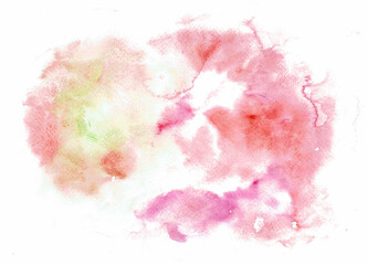 Abstract watercolor stain of different shades of pink. Isolated on white background. Pink, red, coral, peach colors. Green splash. The stain is unevenly saturated in tone. Soft, gentle background.