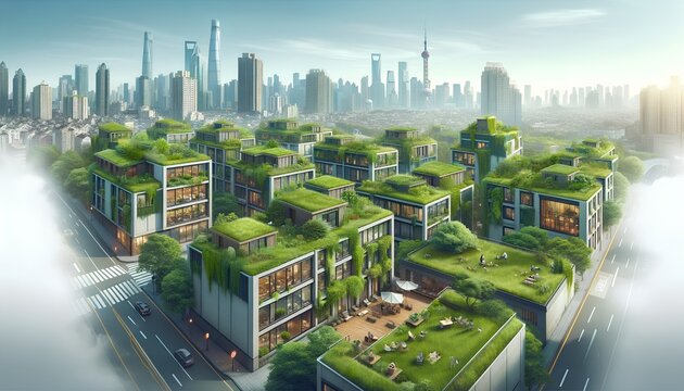 Green rooftops in a bustling urban cityscape, showcasing sustainable living with eco-friendly buildings adorned with lush vegetation, promoting an ecological lifestyle amidst modern city regions.