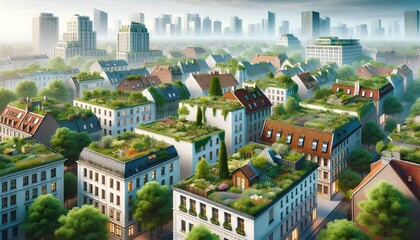 Green rooftops in a bustling urban cityscape, showcasing sustainable living with eco-friendly buildings adorned with lush vegetation, promoting an ecological lifestyle amidst modern city regions. - obrazy, fototapety, plakaty
