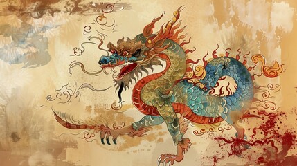 An artistic portrayal of a mythical creature from Lunar New Year folklore, with the text in mystical, ancient-style script 