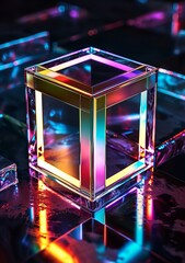 A prism of color! A gleaming glass cube, its facets ablaze with every color of the rainbow - obrazy, fototapety, plakaty