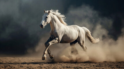 Obraz na płótnie Canvas hengst, pferd, andalusisch, weiß, galopp, lauf, wüstenstaub, hintergrund, dunkel, mähne, stallion, horse, andalusian, white, gallop, run, desert dust, background, dark, mane