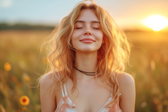 Calm happy smiling woman with closed eyes enjoys a beautiful moment life on the fields at sunset.