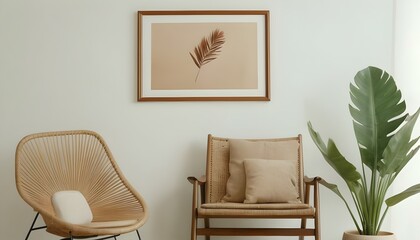 Minimalist composition of living room with brown mock up picture frame and retro armchair. tone on tone
