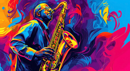 Illustration of a jazz musician passionately playing the saxophone - obrazy, fototapety, plakaty