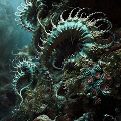 Obraz premium Mystical Hydra Creature in Enchanted Forest, Detailed Fantasy Artwork Featuring Mythical Beast Amidst Lush Greenery