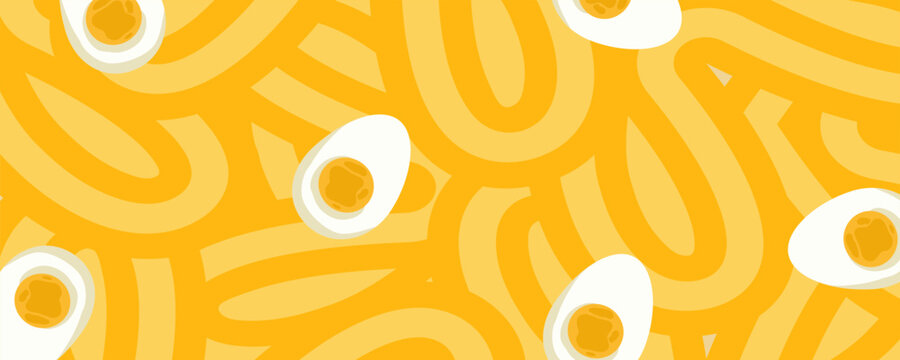 Noodle Ramen Pattern with egg background. Pasta food texture spaghetti geometric. Abstract ramen ornament. Flat vector illustration. Wave texture background