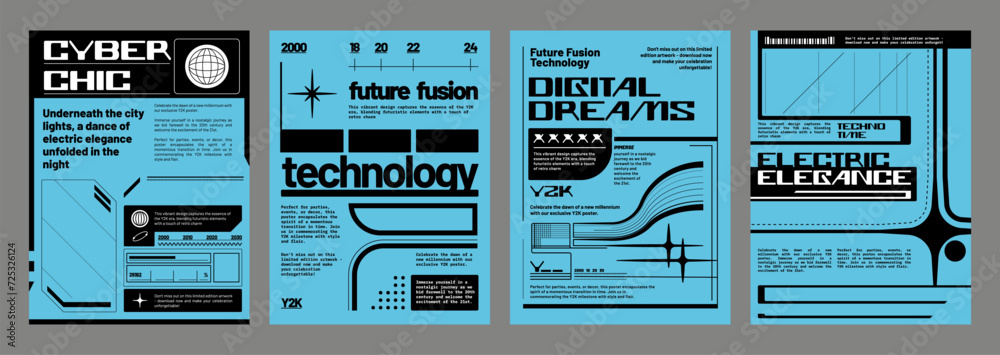Wall mural trendy y2k design style poster template set with black techno geometric element and typography on bl