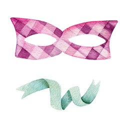 Hand drawn watercolor mask for masquerade. Stylized purple checkered mask with green ribbon. Clipart. Mardi Gras, carnivals. Design for cards, gifts, stickers.
