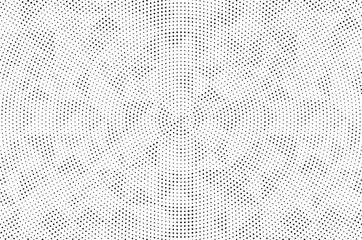 Radial halftone gradient background. Dotted concentric texture with fading dot effect. Black and white circle shade wallpaper. Grunge rough vector backdrop.