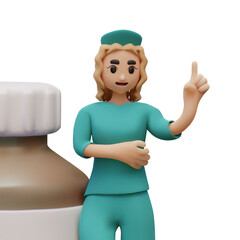 Blonde female nurse explains, raising her index finger up. Medical worker warns