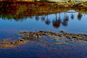 Reflective Waters of Rio Tinto, Huelva with Mineral Deposits