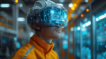 Two engineers with protective glasses examine a holographic display of an advanced vehicle design in a high-tech lab.
