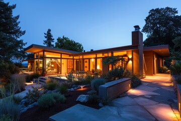 Beautiful Home Exterior in Evening with Glowing Interior Lights and Landscaping.