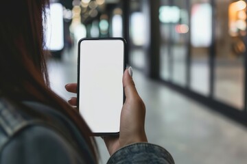 Mockup image of a woman's hands holding and showing smart phone with blank white screen