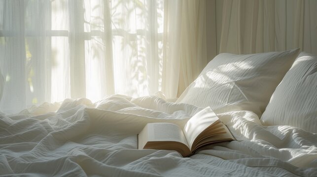 a book placed on a bed with white linen