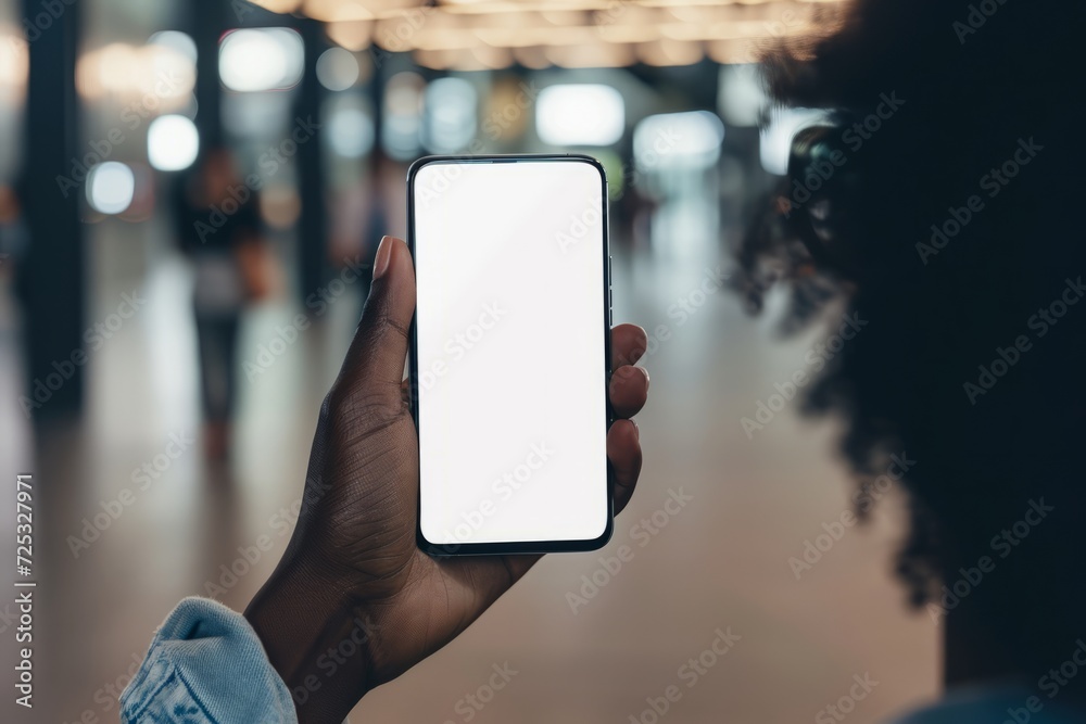 Poster mockup image of a black woman holding mobile phone with blank white screen in the street