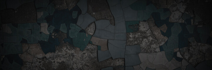 Dark wide panoramic background. Peeling paint on a concrete wall. Dark grunge texture of old...