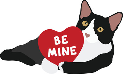 Black and White Tuxedo Cat with 'Be Mine' Heart Toy Minimal Cutout Flat Vector Illustration for Valentine's Day