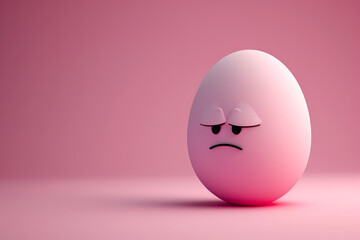 A pink egg with a sad face on a pink background. Copy space