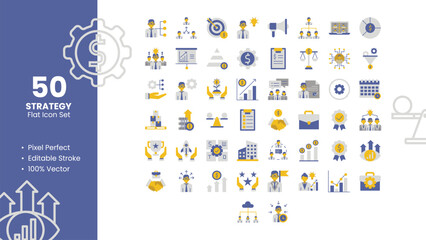Set of 50 Flat Icons Related to Strategy. Pixel Perfect Icon. Flat Icon Collection. Fully Editable. Vector illustration.