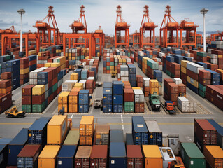 Fototapeta premium City in Motion: Capturing the Essence of Global Trade and Logistics with Striking Photos of Overseas Container Trucks in Action.