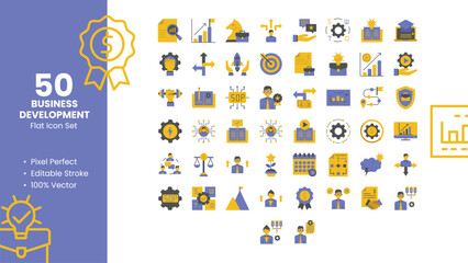 Set of 50 Flat Icons Related to Business Development. Pixel Perfect Icon. Flat Icon Collection. Fully Editable. Vector illustration.
