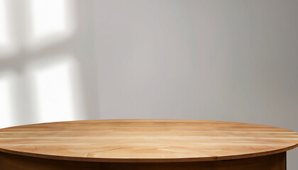 Empty beautiful round wood table top counter on interior in clean and bright with shadow background, Ready, white background, for product montage
