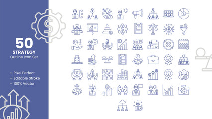 Set of 50 Outline Icons Related to Strategy. Pixel Perfect Icon. Outline Icon Collection. Fully Editable. Vector illustration.