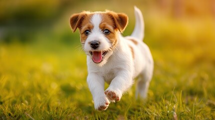 Happy puppy running on grass