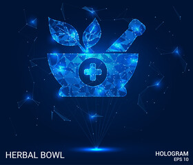 A hologram Herbal bowl. Preparation of medicinal herbs from polygons, triangles of dots and lines. The herb bowl has a low-poly compound structure. Technology concept vector.