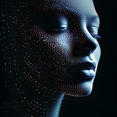 A woman's face made out of futuristic digital particle elements. 