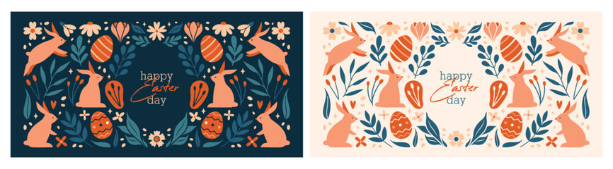 Happy Easter Banners. Trendy design with typography, cute illustrations with rabbits, bunnies, plants, eggs, flowers, berries, leaves, stars. Modern minimal style.Horizontal header, greeting card.