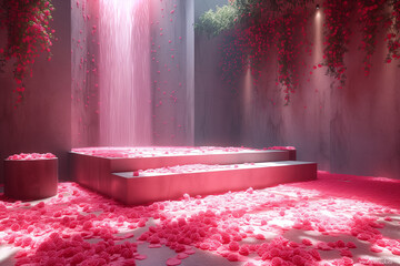 3d empty product display stage. A surreal and mystical setting where rose petals seem to rain down, blanketing the floor in a soft, pink hue.
