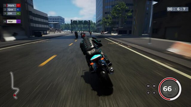 Gamer suffering defeat in the competitive simulator racing track challenge. Player defeated by the opponents on the city racing track. Defeat in the motorcycle race on the street track.