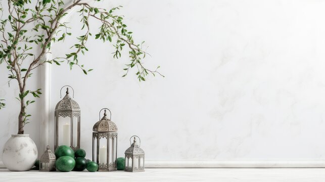 Lanterns with burning candles and green leaves on white marble background