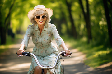 An elegant elderly lady in a chic summer dress and sunhat, riding a vintage bicycle in a park